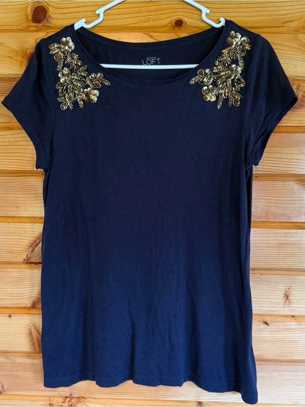 LOFT Navy Blue Short-Sleeve Tee with Gold Embellished Shoulders